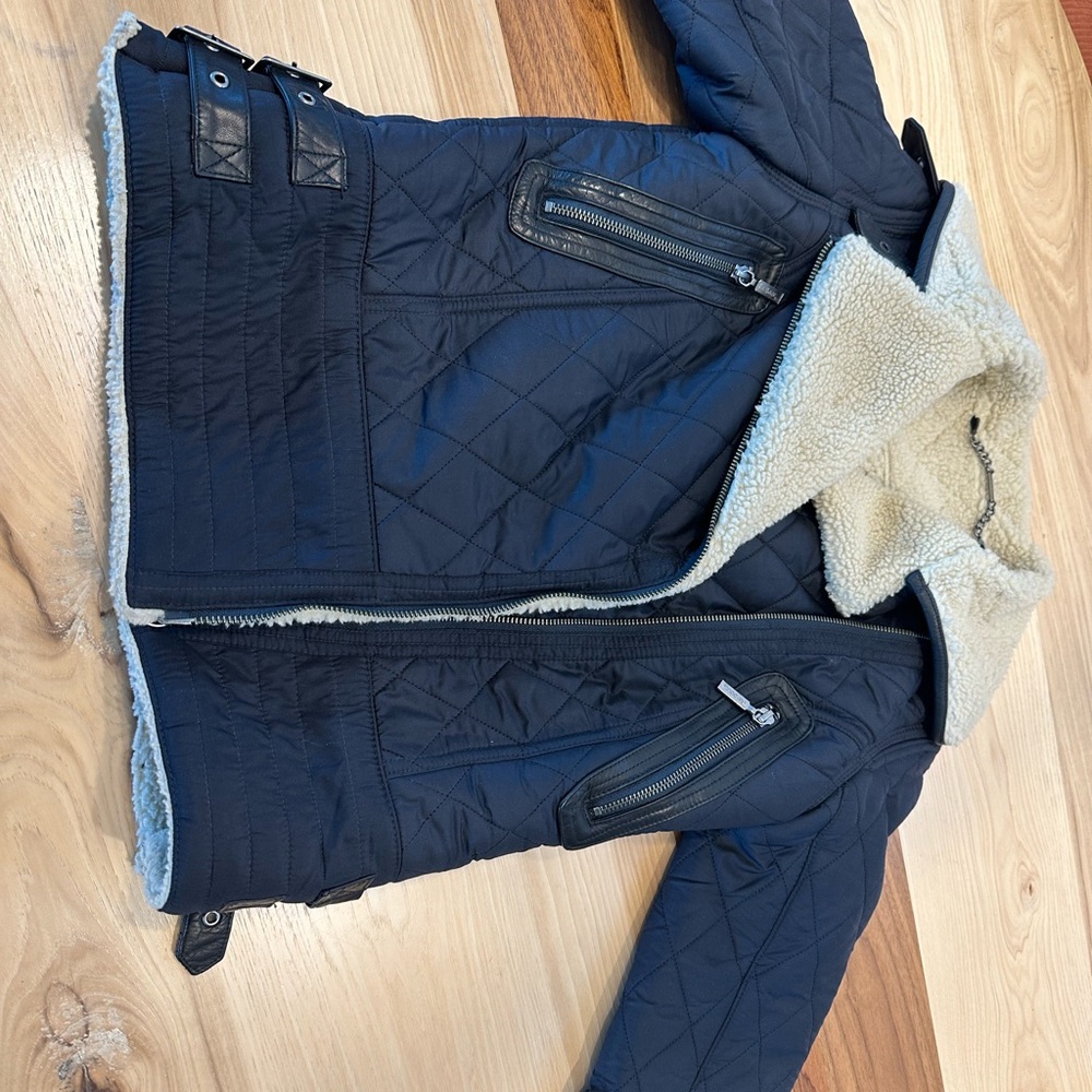Barbour Navy Quilted Jacket and leather trim with Shearling Lining
